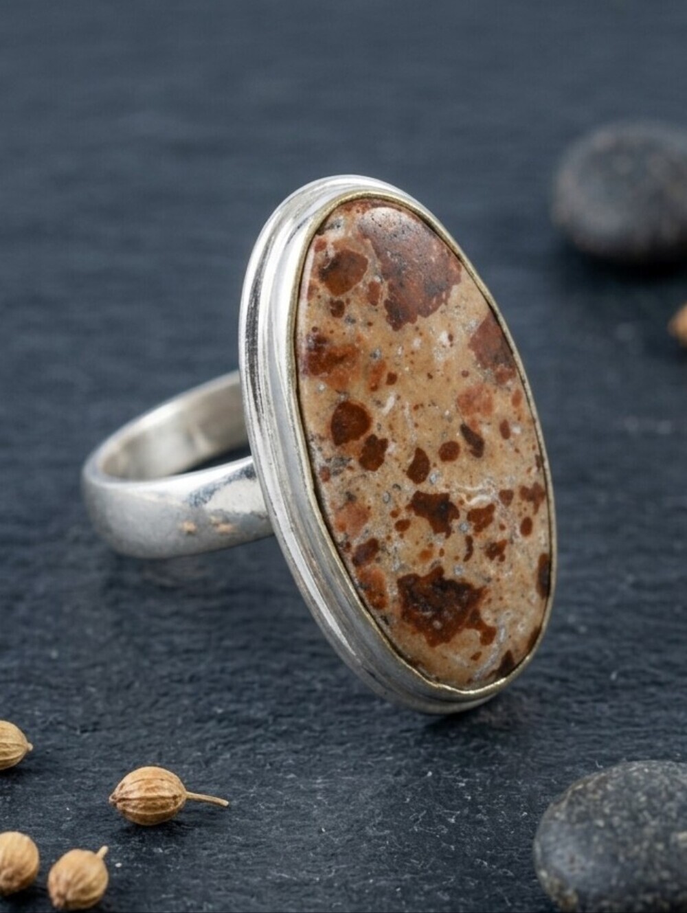 Asteroid Jasper Ring 925 Sterling Silver Long Oval Statement Bohemian Size 7.25
